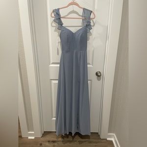 azazie dusty blue bridesmaids dress size 2. worn once. chiffon material.